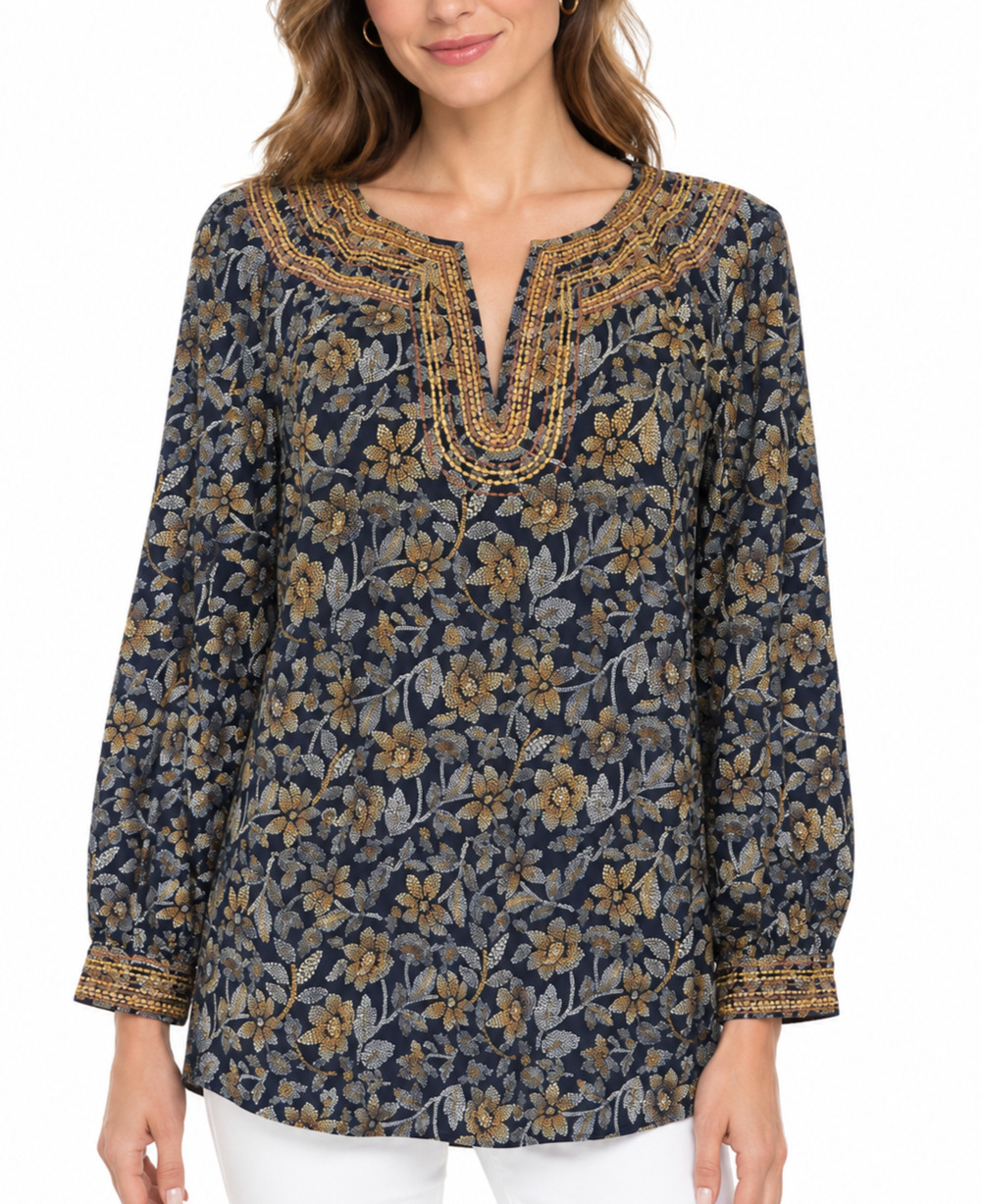 J. Jill Top Floral Boho Peasant Blouse Tunic Embroidered Navy Gold Long Sleeve L